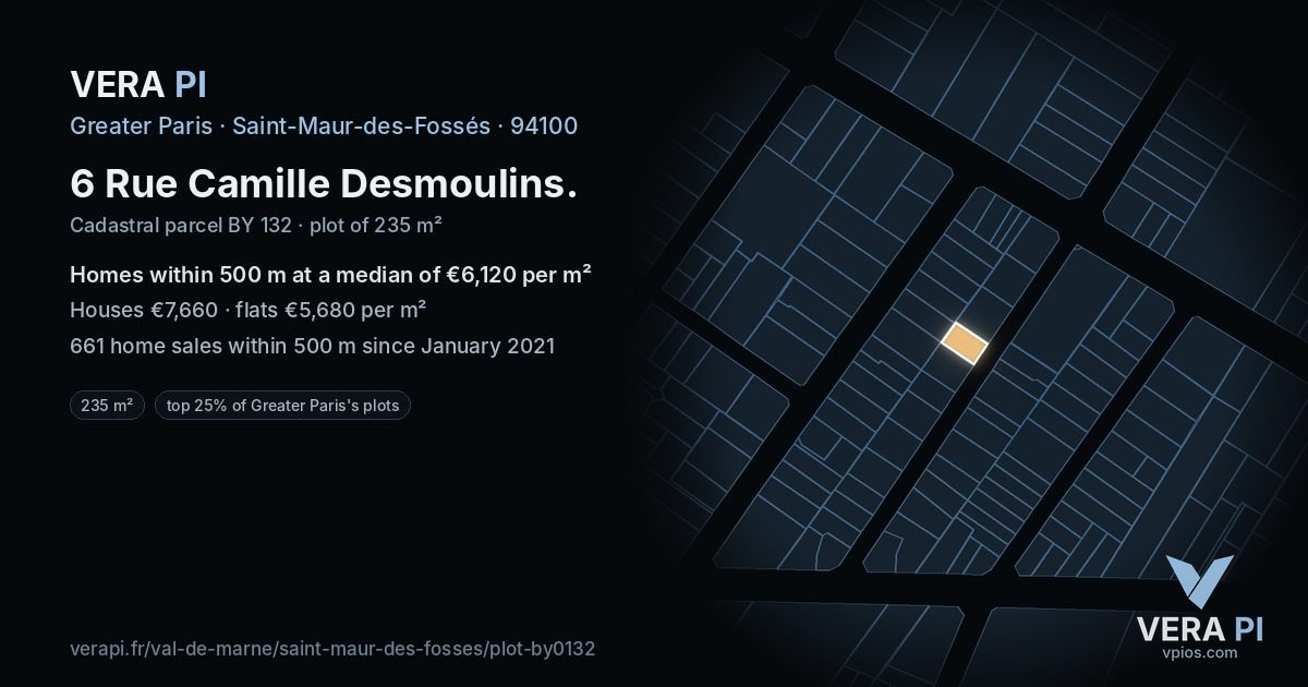 6 Rue Camille Desmoulins, Saint-Maur-des-Fossés at night – the plot lit, the parcels around coloured by the prices near them