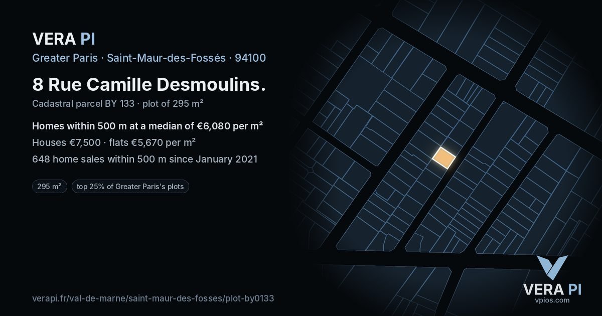 8 Rue Camille Desmoulins, Saint-Maur-des-Fossés at night – the plot lit, the parcels around coloured by the prices near them
