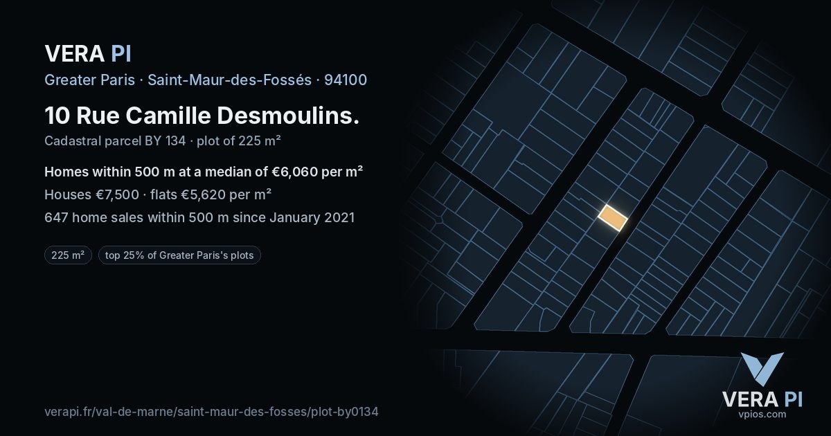 10 Rue Camille Desmoulins, Saint-Maur-des-Fossés at night – the plot lit, the parcels around coloured by the prices near them