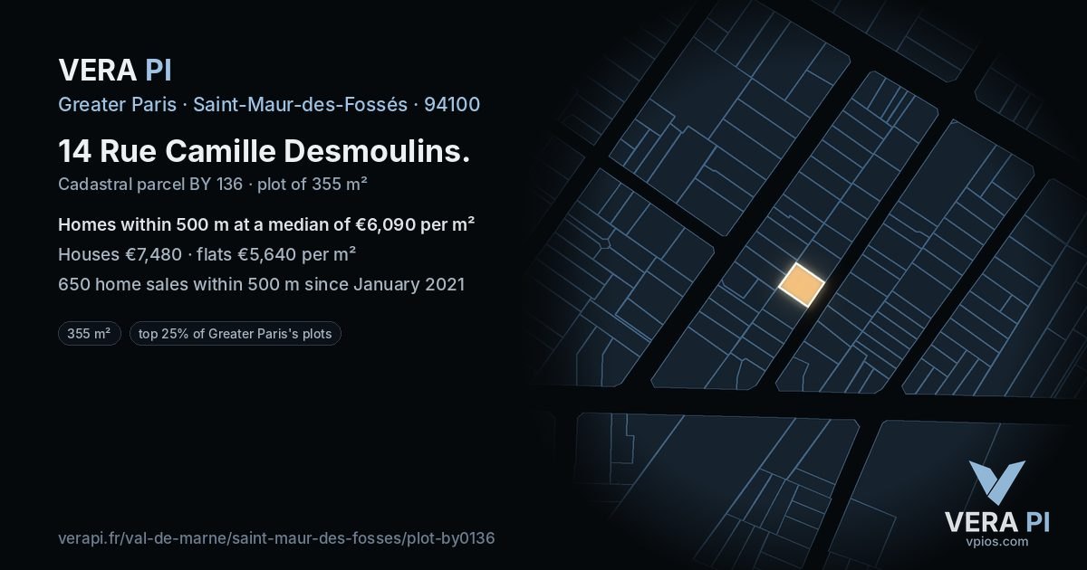 14 Rue Camille Desmoulins, Saint-Maur-des-Fossés at night – the plot lit, the parcels around coloured by the prices near them