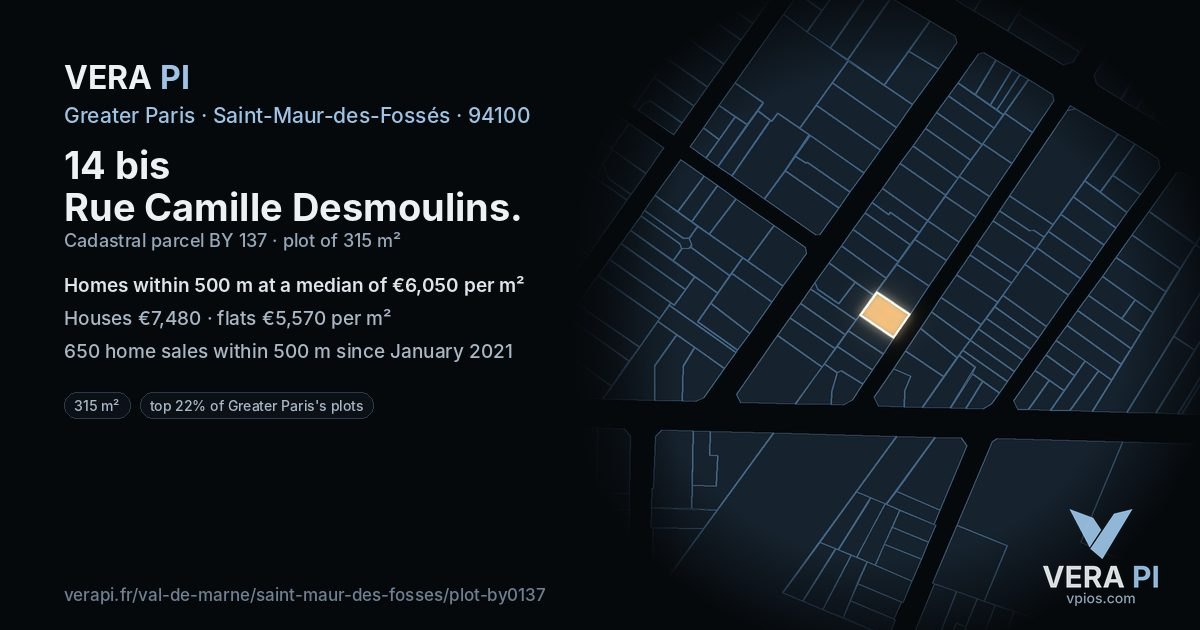 14 bis Rue Camille Desmoulins, Saint-Maur-des-Fossés at night – the plot lit, the parcels around coloured by the prices near them