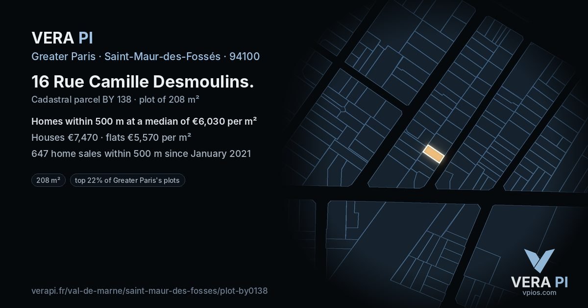 16 Rue Camille Desmoulins, Saint-Maur-des-Fossés at night – the plot lit, the parcels around coloured by the prices near them