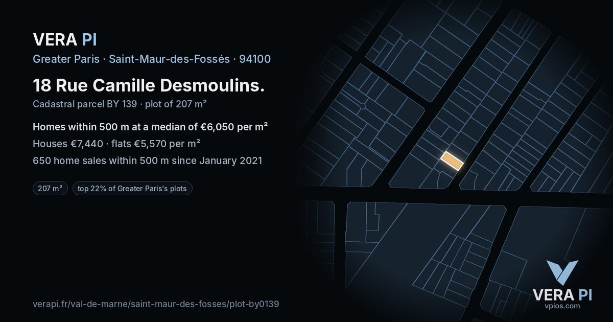 18 Rue Camille Desmoulins, Saint-Maur-des-Fossés at night – the plot lit, the parcels around coloured by the prices near them