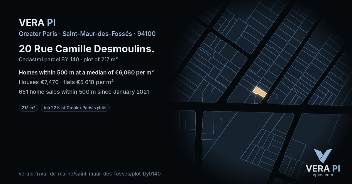 20 Rue Camille Desmoulins, Saint-Maur-des-Fossés at night – the plot lit, the parcels around coloured by the prices near them
