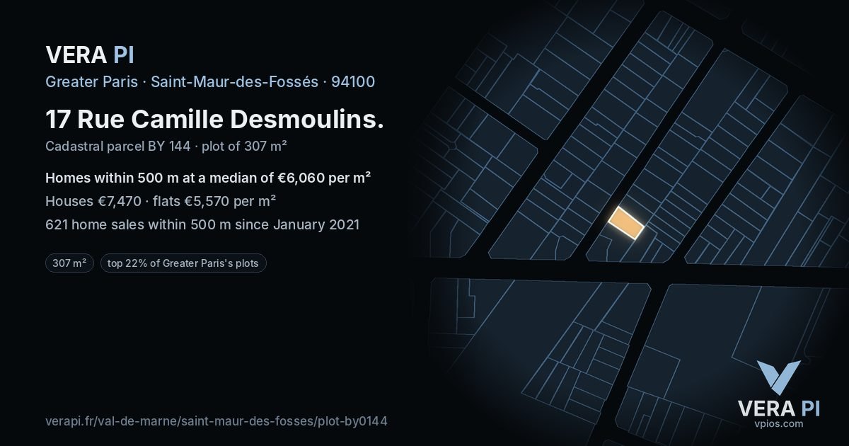 17 Rue Camille Desmoulins, Saint-Maur-des-Fossés at night – the plot lit, the parcels around coloured by the prices near them