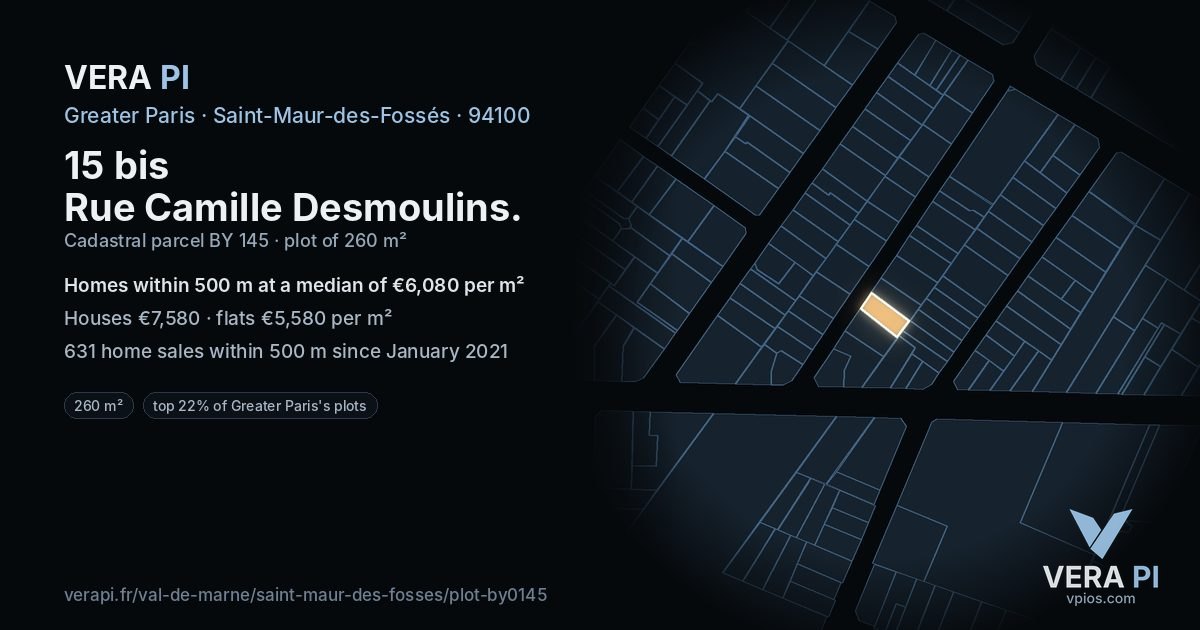 15 bis Rue Camille Desmoulins, Saint-Maur-des-Fossés at night – the plot lit, the parcels around coloured by the prices near them