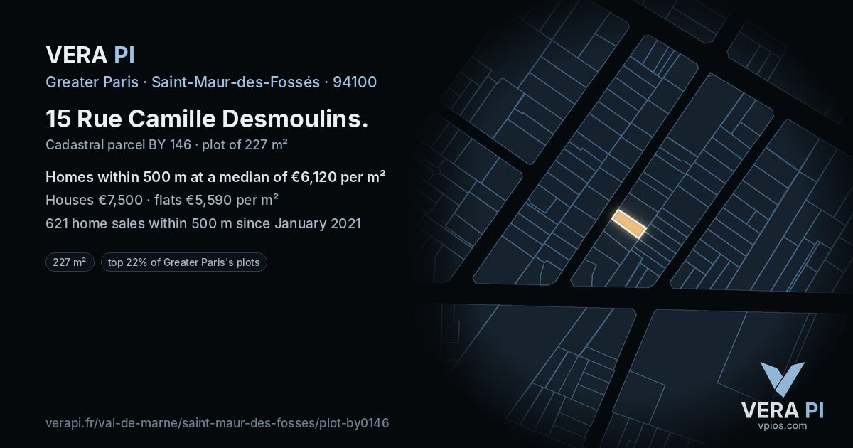 15 Rue Camille Desmoulins, Saint-Maur-des-Fossés at night – the plot lit, the parcels around coloured by the prices near them
