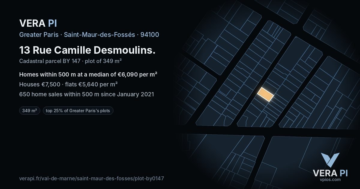 13 Rue Camille Desmoulins, Saint-Maur-des-Fossés at night – the plot lit, the parcels around coloured by the prices near them