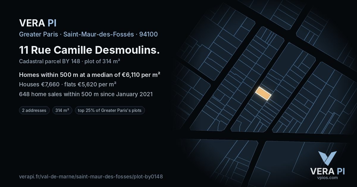 11 Rue Camille Desmoulins, Saint-Maur-des-Fossés at night – the plot lit, the parcels around coloured by the prices near them