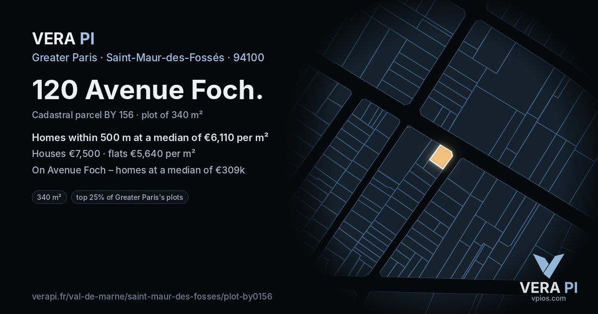 120 Avenue Foch, Saint-Maur-des-Fossés at night – the plot lit, the parcels around coloured by the prices near them