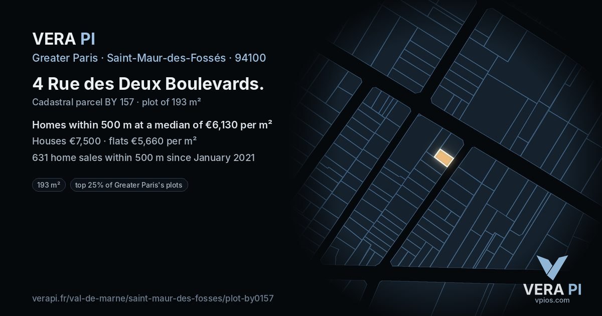 4 Rue des Deux Boulevards, Saint-Maur-des-Fossés at night – the plot lit, the parcels around coloured by the prices near them