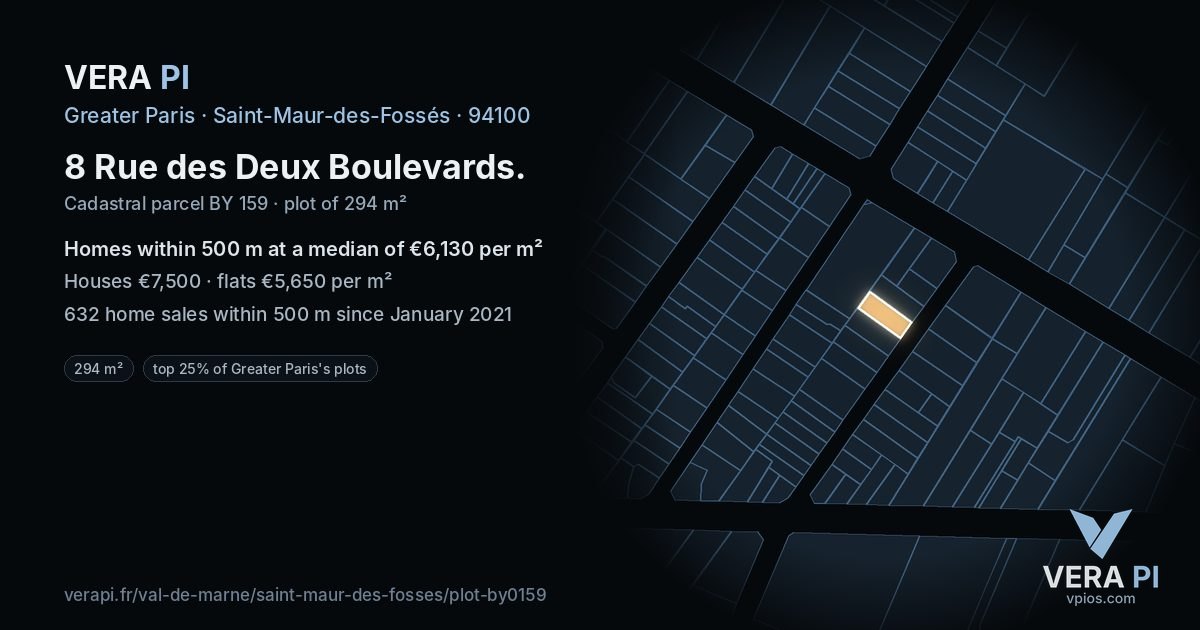 8 Rue des Deux Boulevards, Saint-Maur-des-Fossés at night – the plot lit, the parcels around coloured by the prices near them