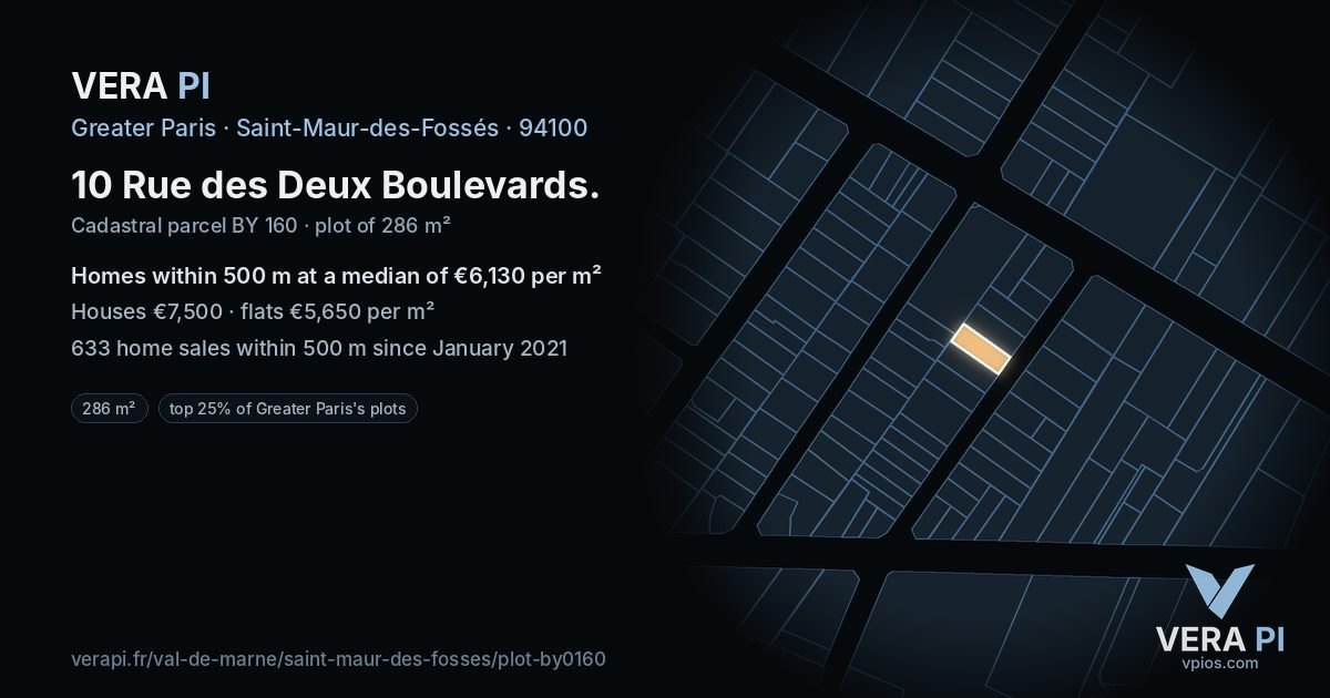 10 Rue des Deux Boulevards, Saint-Maur-des-Fossés at night – the plot lit, the parcels around coloured by the prices near them