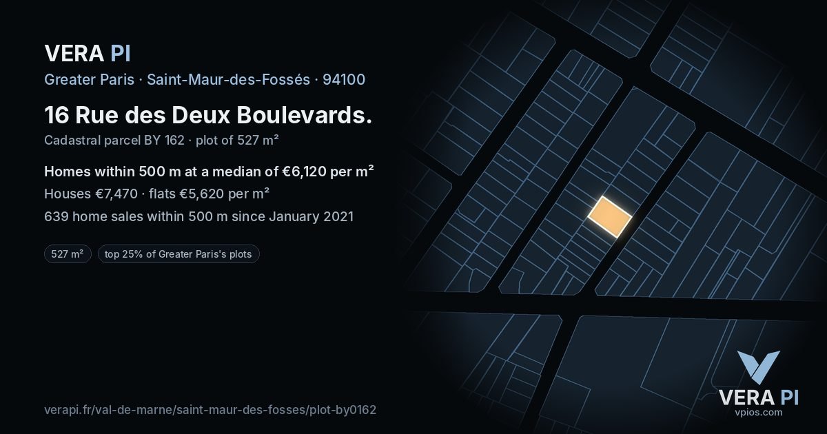 16 Rue des Deux Boulevards, Saint-Maur-des-Fossés at night – the plot lit, the parcels around coloured by the prices near them