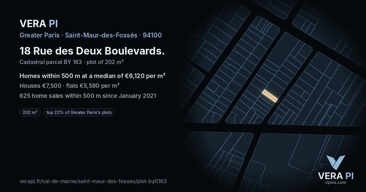 18 Rue des Deux Boulevards, Saint-Maur-des-Fossés at night – the plot lit, the parcels around coloured by the prices near them