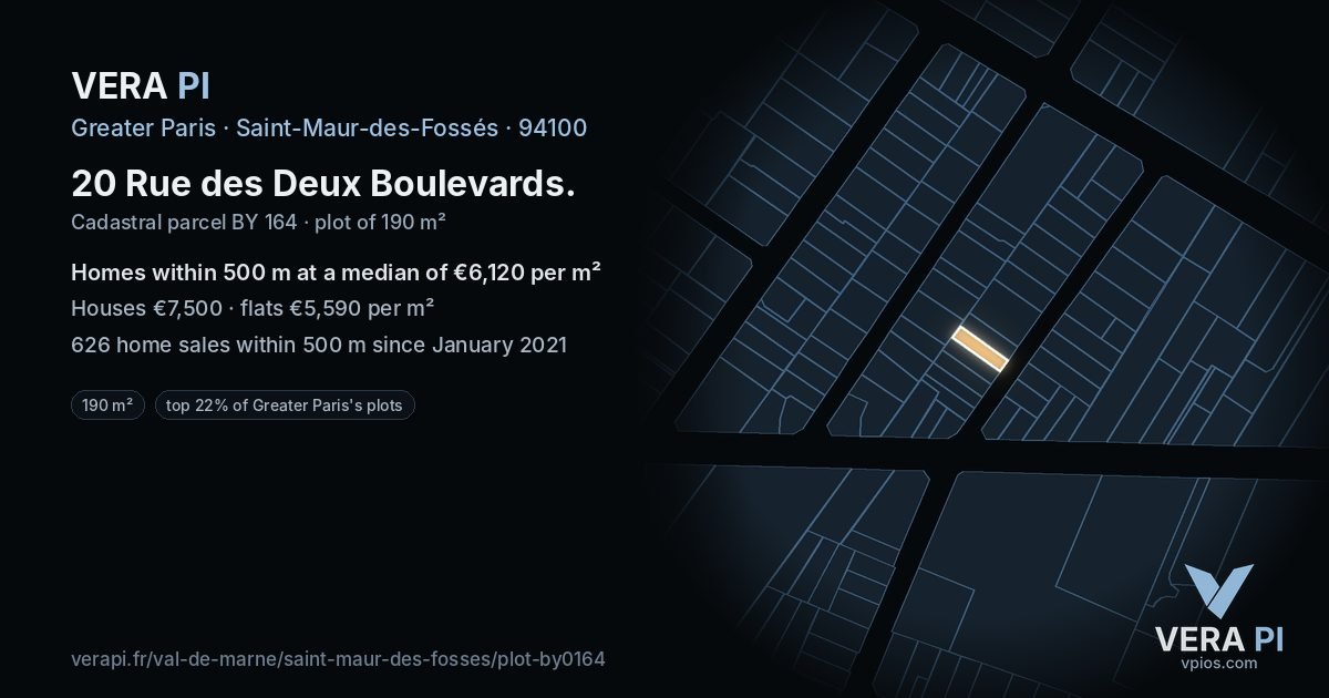 20 Rue des Deux Boulevards, Saint-Maur-des-Fossés at night – the plot lit, the parcels around coloured by the prices near them