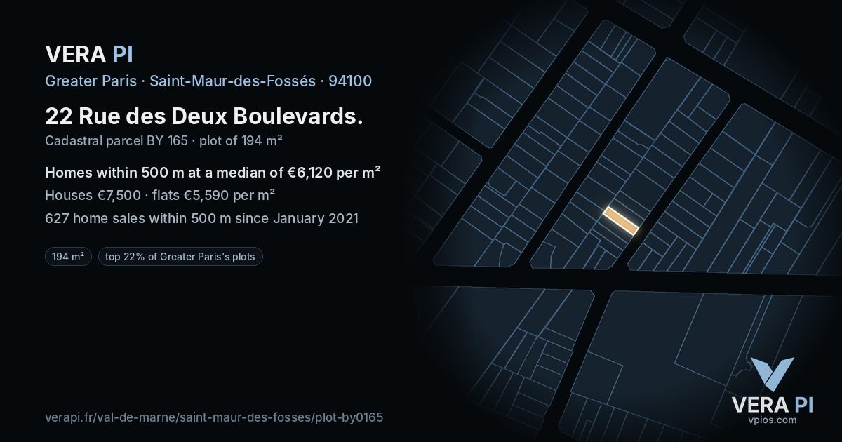 22 Rue des Deux Boulevards, Saint-Maur-des-Fossés at night – the plot lit, the parcels around coloured by the prices near them