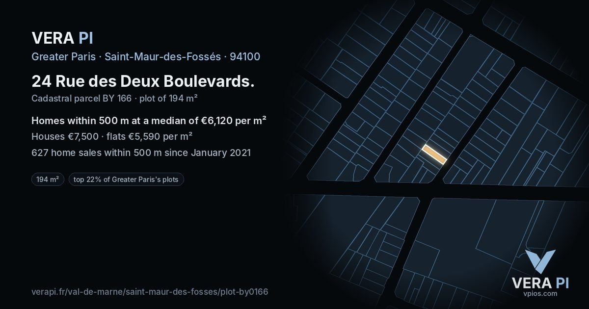 24 Rue des Deux Boulevards, Saint-Maur-des-Fossés at night – the plot lit, the parcels around coloured by the prices near them