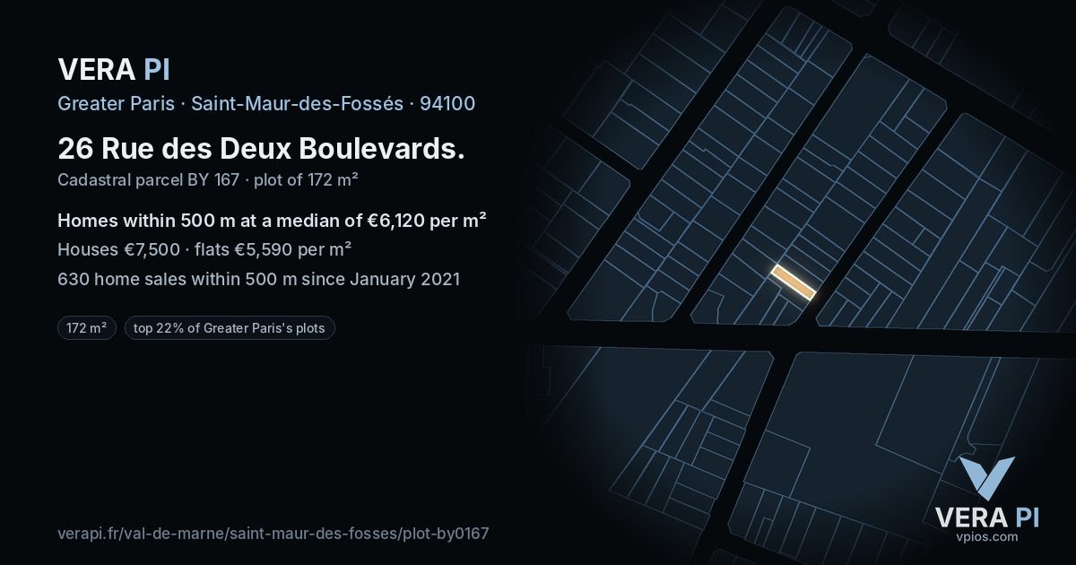 26 Rue des Deux Boulevards, Saint-Maur-des-Fossés at night – the plot lit, the parcels around coloured by the prices near them