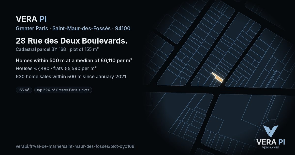 28 Rue des Deux Boulevards, Saint-Maur-des-Fossés at night – the plot lit, the parcels around coloured by the prices near them