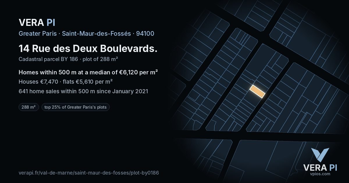 14 Rue des Deux Boulevards, Saint-Maur-des-Fossés at night – the plot lit, the parcels around coloured by the prices near them