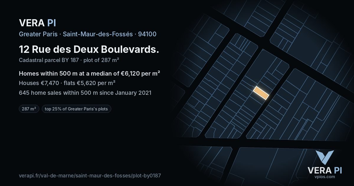 12 Rue des Deux Boulevards, Saint-Maur-des-Fossés at night – the plot lit, the parcels around coloured by the prices near them