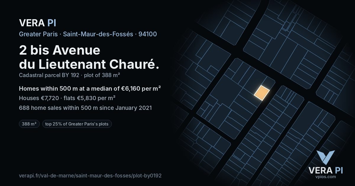 2 bis Avenue du Lieutenant Chauré, Saint-Maur-des-Fossés at night – the plot lit, the parcels around coloured by the prices near them