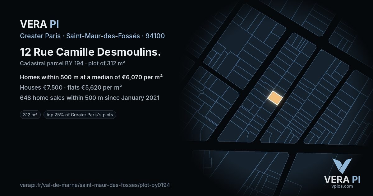 12 Rue Camille Desmoulins, Saint-Maur-des-Fossés at night – the plot lit, the parcels around coloured by the prices near them
