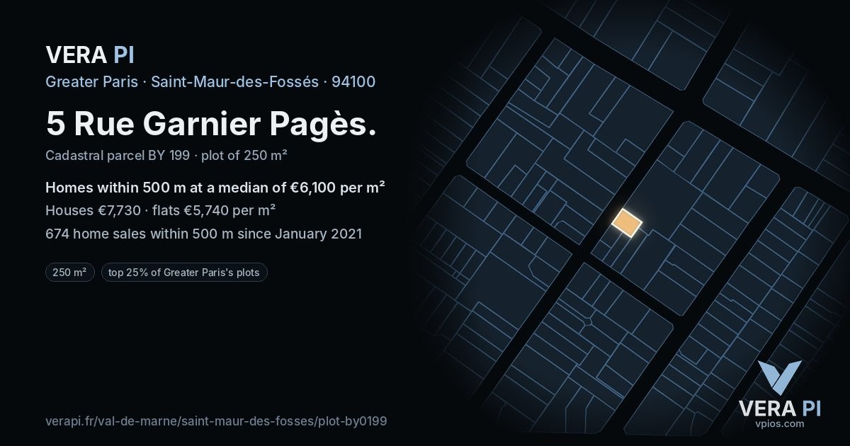 5 Rue Garnier Pagès, Saint-Maur-des-Fossés at night – the plot lit, the parcels around coloured by the prices near them