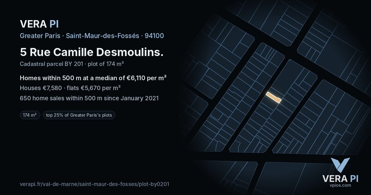 5 Rue Camille Desmoulins, Saint-Maur-des-Fossés at night – the plot lit, the parcels around coloured by the prices near them