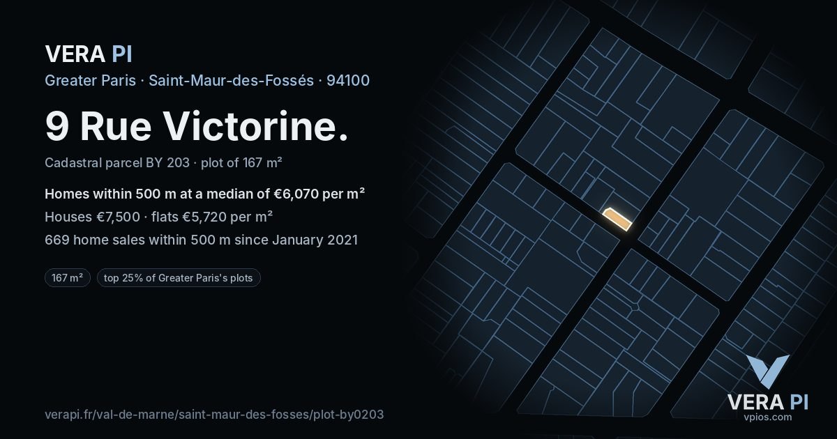 9 Rue Victorine, Saint-Maur-des-Fossés at night – the plot lit, the parcels around coloured by the prices near them
