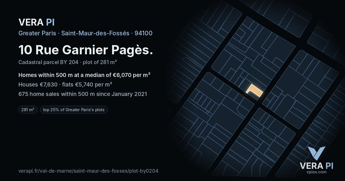 10 Rue Garnier Pagès, Saint-Maur-des-Fossés at night – the plot lit, the parcels around coloured by the prices near them