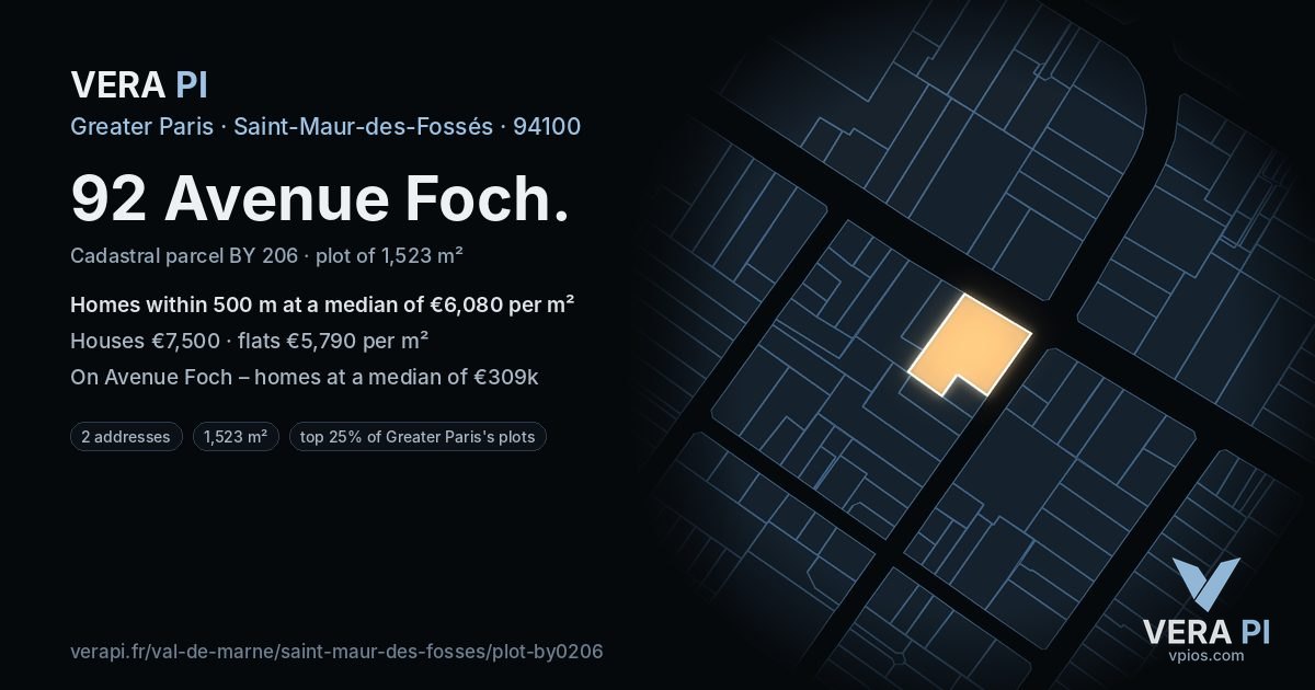 92 Avenue Foch, Saint-Maur-des-Fossés at night – the plot lit, the parcels around coloured by the prices near them