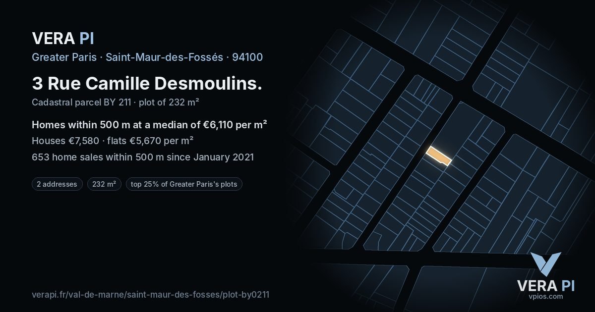 3 Rue Camille Desmoulins, Saint-Maur-des-Fossés at night – the plot lit, the parcels around coloured by the prices near them