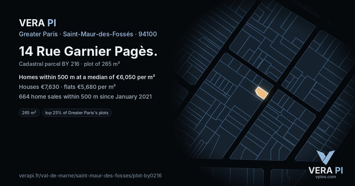 14 Rue Garnier Pagès, Saint-Maur-des-Fossés at night – the plot lit, the parcels around coloured by the prices near them