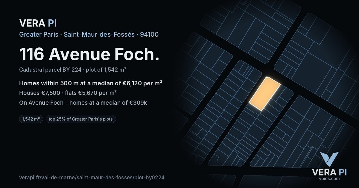 116 Avenue Foch, Saint-Maur-des-Fossés at night – the plot lit, the parcels around coloured by the prices near them