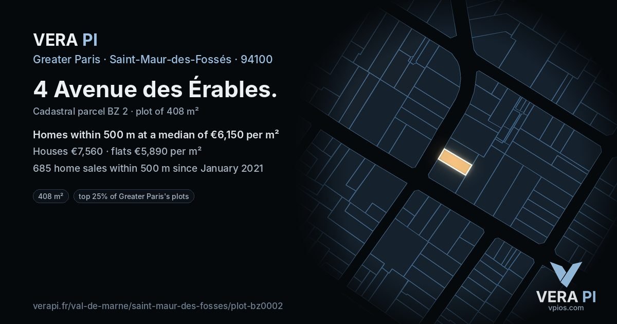 4 Avenue des Érables, Saint-Maur-des-Fossés at night – the plot lit, the parcels around coloured by the prices near them
