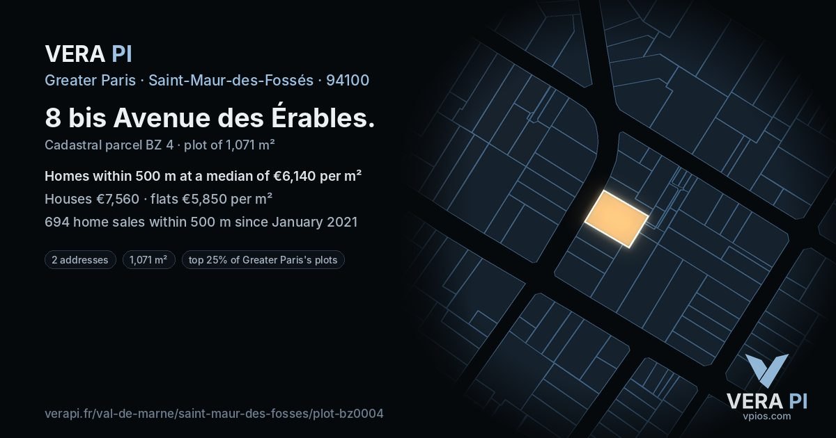 8 bis Avenue des Érables, Saint-Maur-des-Fossés at night – the plot lit, the parcels around coloured by the prices near them