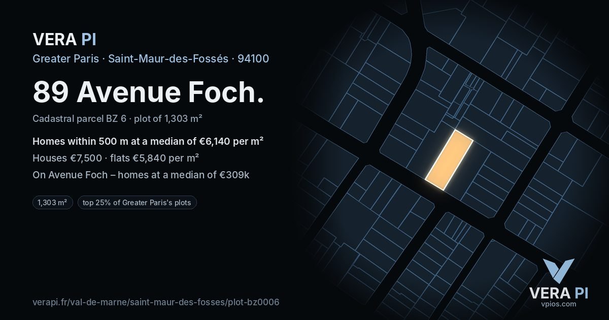 89 Avenue Foch, Saint-Maur-des-Fossés at night – the plot lit, the parcels around coloured by the prices near them