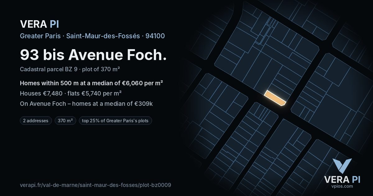 93 bis Avenue Foch, Saint-Maur-des-Fossés at night – the plot lit, the parcels around coloured by the prices near them