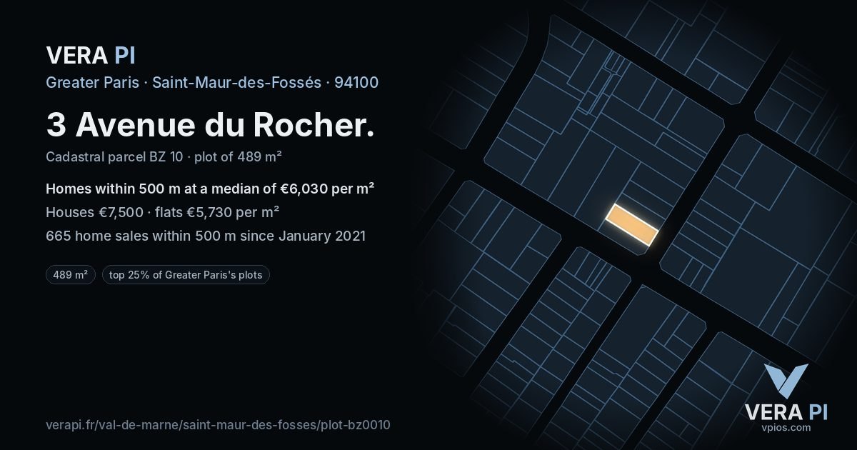 3 Avenue du Rocher, Saint-Maur-des-Fossés at night – the plot lit, the parcels around coloured by the prices near them