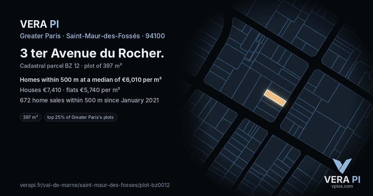 3 ter Avenue du Rocher, Saint-Maur-des-Fossés at night – the plot lit, the parcels around coloured by the prices near them