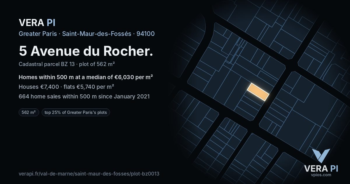 5 Avenue du Rocher, Saint-Maur-des-Fossés at night – the plot lit, the parcels around coloured by the prices near them