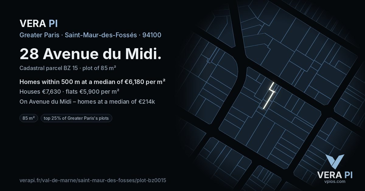 28 Avenue du Midi, Saint-Maur-des-Fossés at night – the plot lit, the parcels around coloured by the prices near them