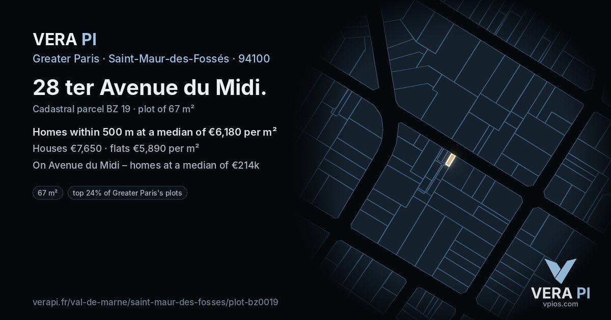 28 ter Avenue du Midi, Saint-Maur-des-Fossés at night – the plot lit, the parcels around coloured by the prices near them