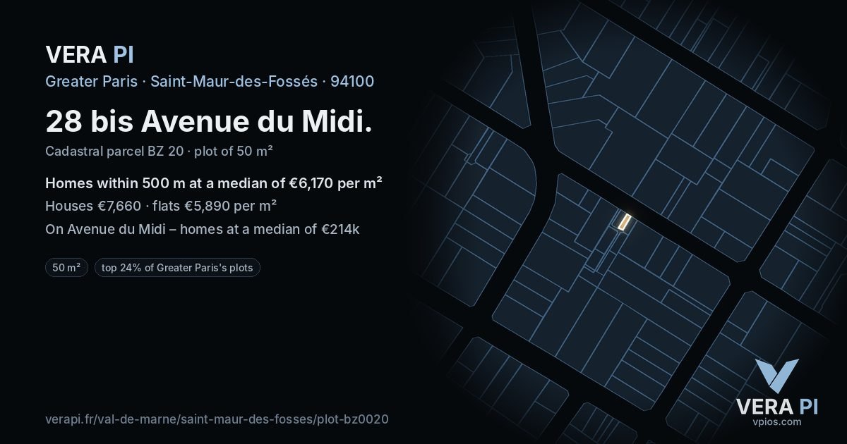 28 bis Avenue du Midi, Saint-Maur-des-Fossés at night – the plot lit, the parcels around coloured by the prices near them