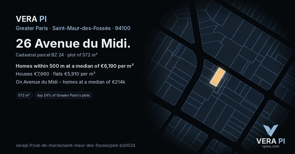 26 Avenue du Midi, Saint-Maur-des-Fossés at night – the plot lit, the parcels around coloured by the prices near them
