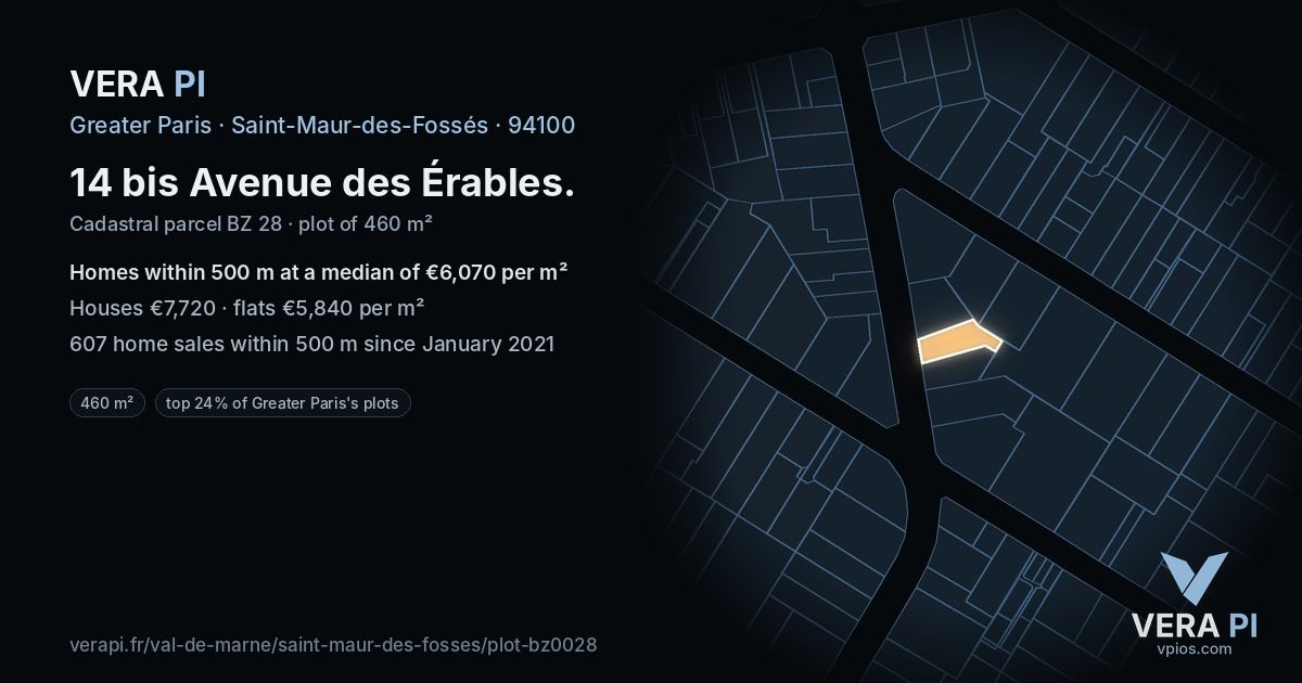 14 bis Avenue des Érables, Saint-Maur-des-Fossés at night – the plot lit, the parcels around coloured by the prices near them