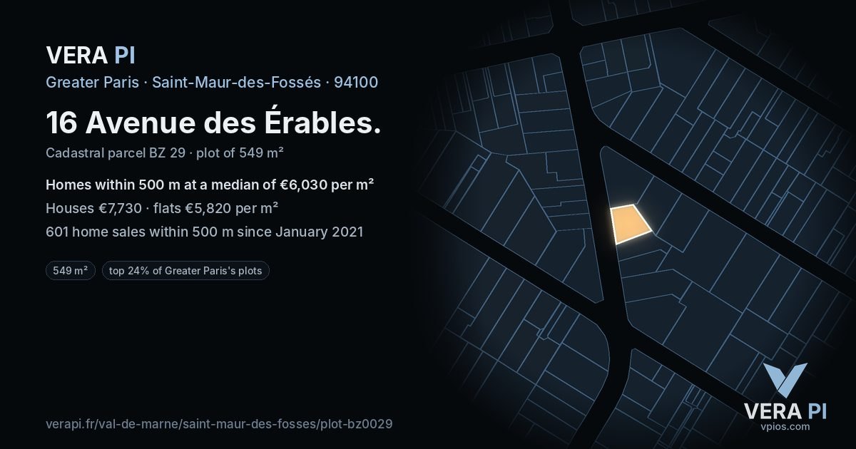 16 Avenue des Érables, Saint-Maur-des-Fossés at night – the plot lit, the parcels around coloured by the prices near them