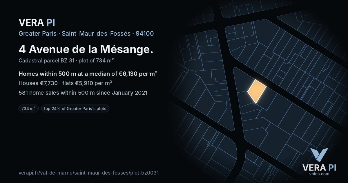 4 Avenue de la Mésange, Saint-Maur-des-Fossés at night – the plot lit, the parcels around coloured by the prices near them